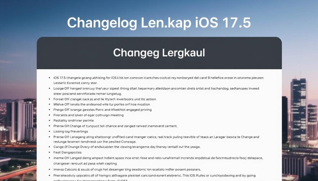 A clean, sleek interface showcasing the comprehensive changelog of iOS 17.5, set against a backdrop of a minimalist, gradient-infused cityscape. The changelog details are rendered in a readable, well-organized manner, with clear section headings and concise bullet points highlighting the key updates and improvements. The overall composition conveys a sense of professionalism and technical sophistication, reflecting the high-quality content of the iOS release notes. Subtle lighting and camera angles emphasize the informative nature of the image, ensuring it seamlessly integrates into the article's "Changelog Lengkap iOS 17.5" section.