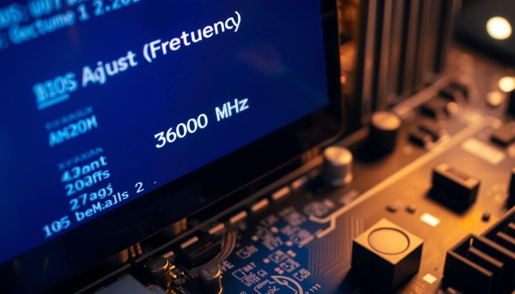 A close-up shot of a computer motherboard, with the BIOS interface prominently displayed on a high-resolution screen. The motherboard is illuminated by a soft, warm lighting, highlighting the intricate traces and components. The BIOS menu shows the "Adjust Frequency" option, with the RAM speed set to "3600 MHz". The image conveys a sense of precision and technical expertise, reflecting the focus on optimizing the system's performance.