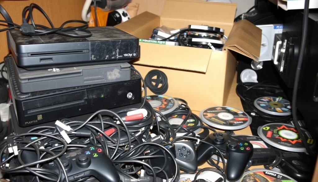 A cluttered storage area with mishandled game consoles and accessories strewn about. In the foreground, a PlayStation and an Xbox console are carelessly stacked on top of each other, their sleek designs marred by dust and scratches. Surrounding them, a mess of tangled cables, controller cords, and game discs lie scattered across the floor. In the middle ground, a cardboard box overflows with gaming peripherals, haphazardly packed without any protective padding. The background reveals a dimly lit, cramped space, suggesting a neglected corner of a basement or storage closet. The overall scene conveys a sense of disorganization and disregard for the proper care and storage of valuable gaming equipment.
