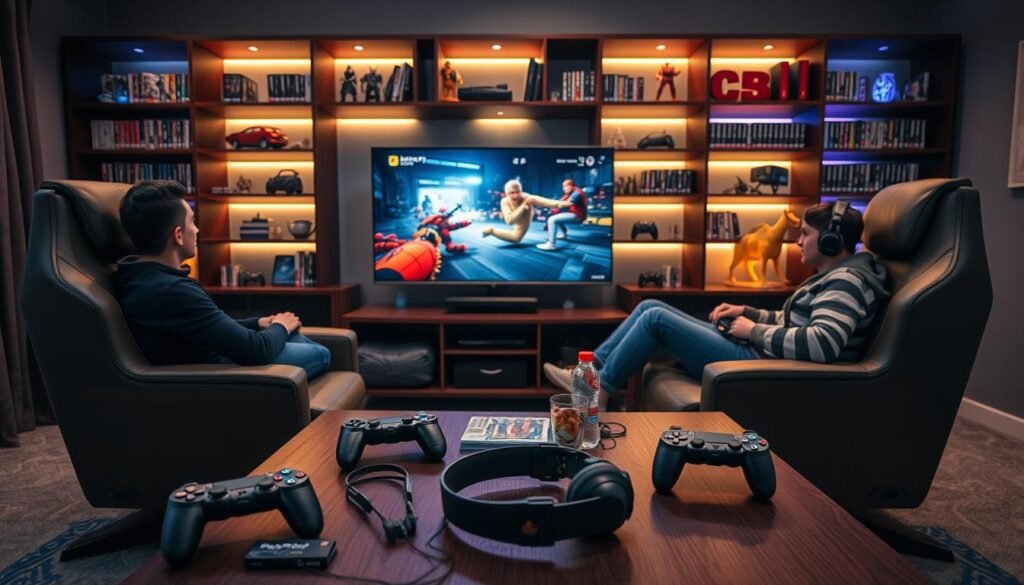 A cozy game room setting designed for PlayStation co-op gaming, featuring two stylish gaming chairs facing a large flat-screen TV displaying a vibrant co-op game scene. In the foreground, a table is covered with trendy gaming accessories such as wireless controllers, a PlayStation headset, and snacks, creating an inviting atmosphere. The middle ground showcases a couple of friends in casual, comfortable clothing engaged in gameplay, showcasing their excitement and teamwork. The background is a well-organized gaming shelf filled with game cases, action figures, and ambient LED lighting that gives a modern feel. The scene is well-lit with soft, warm lighting, creating an inviting and friendly mood. The camera angle captures the gamers' expressions and highlights the fun of co-op gaming.