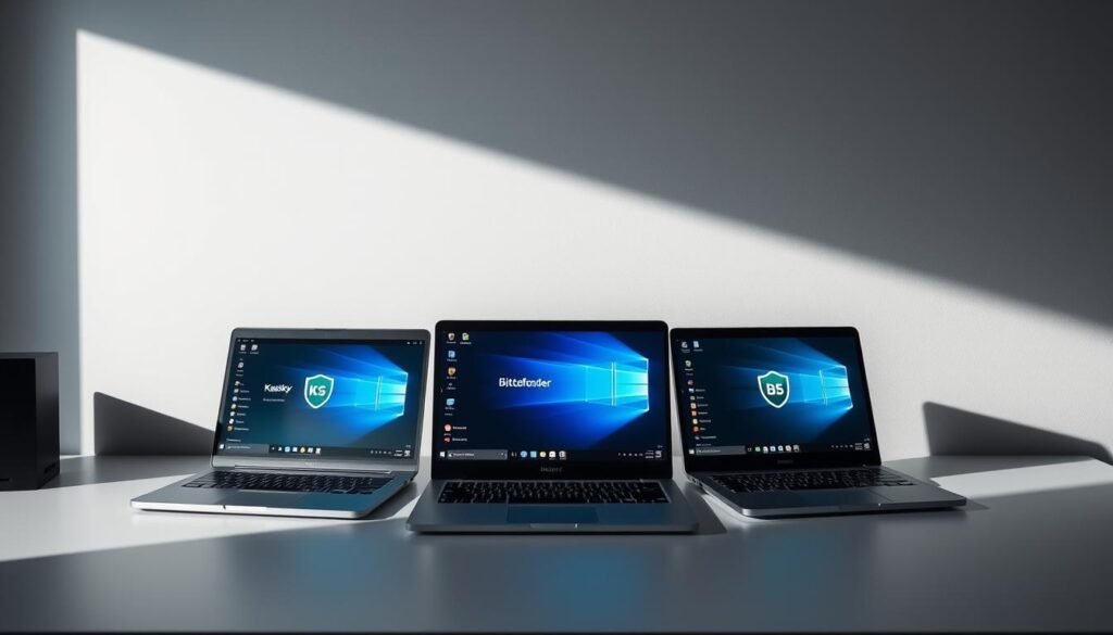A deep comparative analysis of three leading antivirus software: Kaspersky, Bitdefender, and Windows Defender. A clean, minimalist desktop setup with three laptop screens displaying the respective software interfaces. Muted color palette of grays, blues, and whites, conveying a professional and informative tone. Soft, directional lighting illuminates the scene, casting subtle shadows that add depth and dimension. The composition is balanced, with the screens positioned in an inviting, triangular arrangement. The overall atmosphere is one of thoughtful, in-depth comparison and evaluation.