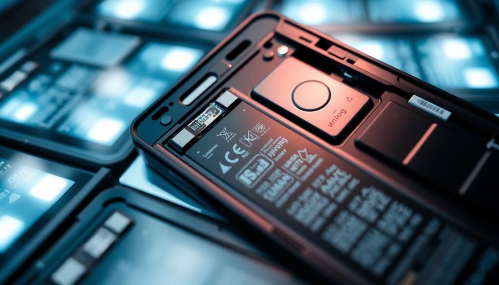 A detailed close-up view of a smartphone battery undergoing rigorous testing. The battery is meticulously examined under bright, evenly distributed lighting from multiple angles, capturing its intricate structure and components. The image conveys a sense of scientific precision and attention to detail, reflecting the technical nature of the "Dampak pada Baterai: Mana yang Lebih Hemat?" section. The overall mood is one of analytical focus, showcasing the battery's performance and efficiency in a clinical, yet visually engaging manner.