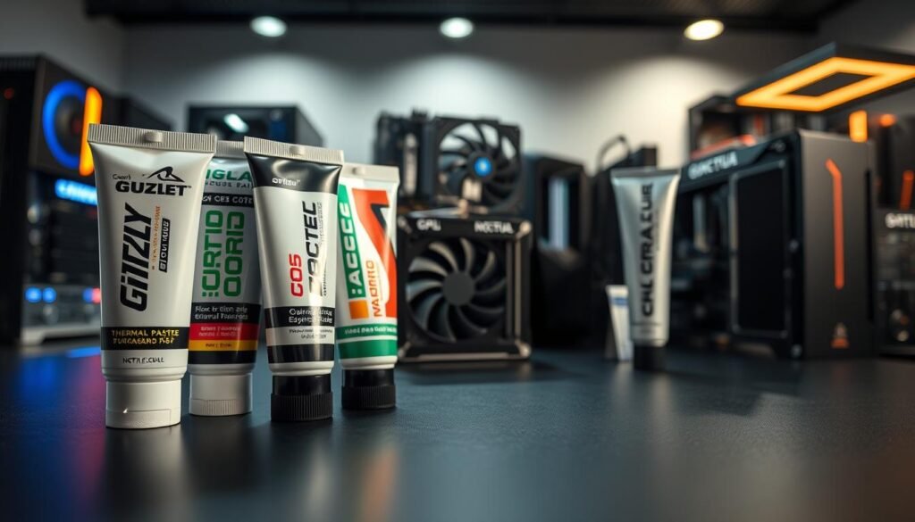 A detailed comparison of thermal paste performance for various types of PCs. In the foreground, showcase a variety of thermal paste tubes from well-known brands like Grizzly, Arctic, and Noctua, arranged artistically on a sleek black surface. Each tube should be designed differently, reflecting its brand identity. In the middle ground, place high-end PC components, including a CPU cooler and a motherboard, emphasizing the application of thermal paste. In the background, display a blurred array of PC builds showcasing different configurations, hinting at performance diversity. Use soft, diffused lighting to emphasize the textures and colors of the thermal paste and components, creating a professional and informative atmosphere. Aim for a slightly angled view to enhance depth and interest. Ensure the environment feels clean and tech-focused, without any text or distracting elements.