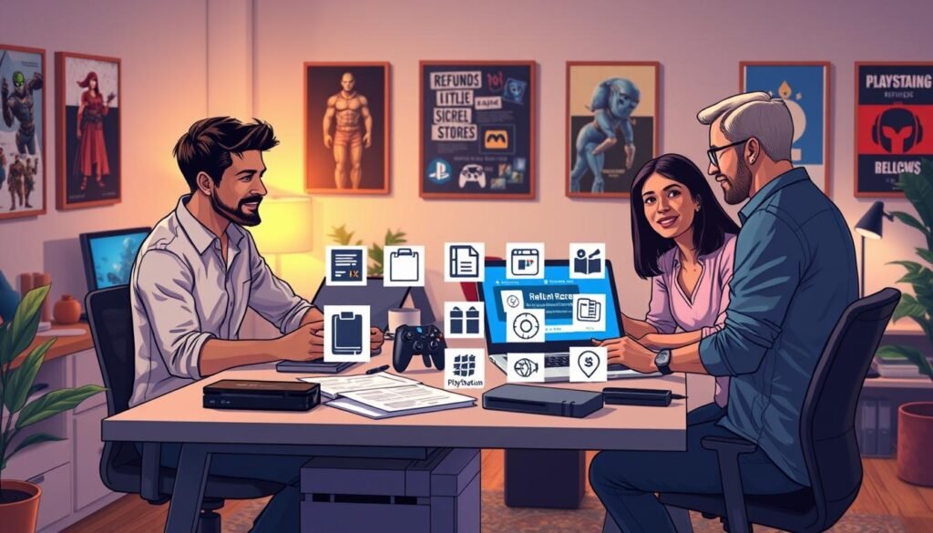 A detailed digital illustration representing successful tips for requesting a game refund on the PlayStation Store. In the foreground, a diverse group of three individuals, dressed in professional casual attire, are collaboratively discussing at a modern work desk cluttered with gaming devices, refund forms, and a laptop displaying the PlayStation Store interface. The middle layer features various digital icons symbolizing refund policies and tips, such as arrows and checkmarks, creatively integrated into the scene. In the background, a stylish home office with gaming posters and ambient lighting creates a warm, inviting atmosphere. The scene is well-lit with soft, diffused light, using a slightly elevated angle to capture the group’s engagement and encourage a mood of teamwork and success.
