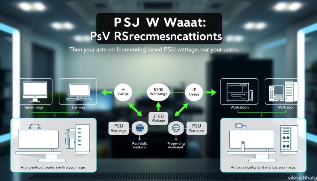 A detailed infographic illustrating PSU watt recommendations based on different PC use cases. In the foreground, feature sleek diagrams showing various PC setups: gaming, office, and workstation, each labeled with recommended wattage ranges in a clear visual manner. The middle ground should have a gradient flowchart connecting types of usage to their respective PSU wattage, designed with arrows and icons for clarity. In the background, soft ambient lighting creates a professional atmosphere, emphasizing the tech theme. The color palette should be modern with shades of blue and green to evoke trust and reliability. The overall mood is informative and engaging, promoting a sense of professionalism and technological advancement. A detailed infographic illustrating PSU watt recommendations based on different PC use cases. In the foreground, feature sleek diagrams showing various PC setups: gaming, office, and workstation, each labeled with recommended wattage ranges in a clear visual manner. The middle ground should have a gradient flowchart connecting types of usage to their respective PSU wattage, designed with arrows and icons for clarity. In the background, soft ambient lighting creates a professional atmosphere, emphasizing the tech theme. The color palette should be modern with shades of blue and green to evoke trust and reliability. The overall mood is informative and engaging, promoting a sense of professionalism and technological advancement.