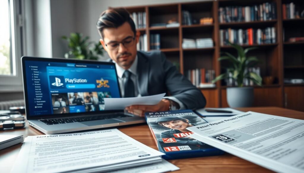 A detailed office workspace showcasing essential documentation for a digital game refund process. In the foreground, a neatly arranged desk features printed refund request forms, a PlayStation game case, and a laptop displaying the PlayStation Store interface. In the middle ground, a professional-looking individual, dressed in smart business attire, is intently reviewing the documents, partially focusing on the screen. The background reveals a well-organized bookshelf filled with gaming literature and a potted plant, adding a touch of greenery. Soft, diffused natural light streams in from a window, creating a calm and focused atmosphere. The composition should have a slight top-down angle to emphasize the documentation, ensuring clarity and professionalism, with warm tones to evoke a sense of trust and reliability.