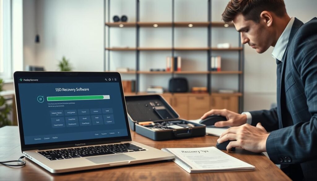 A detailed workspace setup depicting the process of using SSD recovery software. In the foreground, a laptop displaying the recovery software interface with a clear progress bar and options icons. Beside it, a person in professional business attire, focused on the screen, using a mouse to navigate the software. The middle layer features an open toolbox with SSDs and other hardware components, while a notepad with recovery tips is slightly visible. In the background, soft lighting illuminates a modern office with shelves displaying tech books. The atmosphere is calm and professional, emphasizing the importance of data recovery with a clean, organized aesthetic.