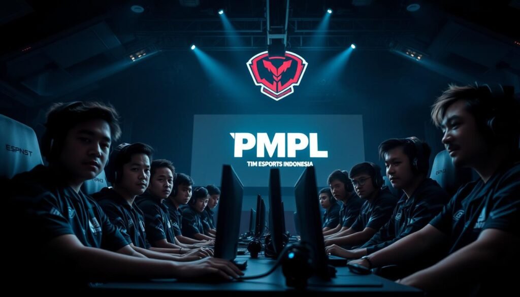 A dramatic, cinematic image of the Tim Esports Indonesia PMPL team preparing for the upcoming season. Set in a dimly lit esports arena, the team sits focused and determined, surrounded by sleek gaming equipment. Dramatic lighting casts shadows across their intense expressions, conveying the high stakes and competitive spirit of the tournament. In the background, a giant screen displays the PMPL logo, projecting an air of professionalism and prestige. The camera angle is low, looking up at the team, emphasizing their confidence and dominance. The overall mood is one of intense anticipation and the thrill of the competition to come.