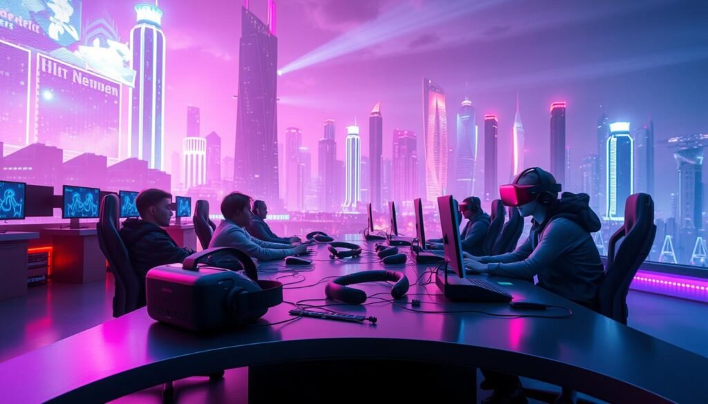 A futuristic digital landscape, with a towering cyberpunk city skyline in the background, illuminated by neon lights and holographic displays. In the foreground, a group of gamers compete on a state-of-the-art gaming setup, their faces lit by the glow of screens. Sleek, high-tech gaming peripherals and virtual reality headsets are scattered across a minimalist, metallic table. The scene conveys a sense of intensity, competition, and the cutting edge of digital entertainment. The overall mood is one of excitement, innovation, and the transformative power of technology in the world of e-sports.