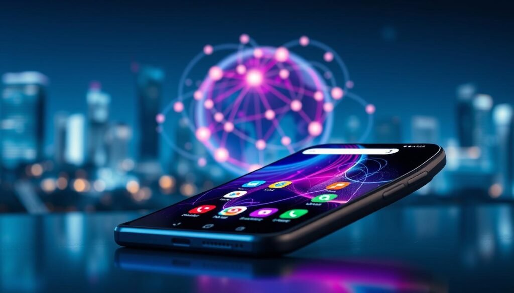 A futuristic, sleek representation of the HyperOS 3 user interface displayed on a modern smartphone. In the foreground, a close-up of the smartphone, showcasing vibrant icons and a vivid, user-friendly interface with smooth transitions. The middle layer features an abstract representation of digital connectivity, symbolizing global expansion and advanced technology, with swirling lines and nodes in bright colors. The background is a blurred city skyline to convey a sense of innovation and progress, bathed in soft, ambient lighting that gives a high-tech feel. The overall atmosphere is dynamic and inspiring, suggesting cutting-edge features and modern design. The composition is shot from a slightly elevated angle, focusing on the smartphone while incorporating elements that suggest the rapid evolution of mobile technology.