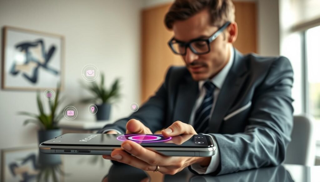 A futuristic smartphone showcasing the "Circle to Search" feature within a sleek interface, set against a clean, modern workspace. In the foreground, an open smartphone displays a vibrant circular search interface surrounded by floating icons signifying various AI features, like a magnifying glass, camera, and location pin. The middle layer features a professional individual in smart business attire, thoughtfully interacting with the device, their expression focused and engaged. The background includes a softly lit office with minimalist design elements, such as plants and abstract art. The overall mood is innovative and tech-forward, with bright, balanced lighting highlighting the smartphone’s screen and creating a subtle glow. A futuristic smartphone showcasing the "Circle to Search" feature within a sleek interface, set against a clean, modern workspace. In the foreground, an open smartphone displays a vibrant circular search interface surrounded by floating icons signifying various AI features, like a magnifying glass, camera, and location pin. The middle layer features a professional individual in smart business attire, thoughtfully interacting with the device, their expression focused and engaged. The background includes a softly lit office with minimalist design elements, such as plants and abstract art. The overall mood is innovative and tech-forward, with bright, balanced lighting highlighting the smartphone’s screen and creating a subtle glow.