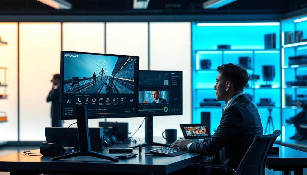 A futuristic workspace showcasing advanced AI video software technology. In the foreground, a sleek computer monitor displays the NVIDIA Broadcast interface, with clear visual elements like adjustable background settings and AI features. A business professional, dressed in smart attire, is seated at the desk, intently interacting with the software. In the middle ground, a stylish desk cluttered with modern gadgets and ambient LED lights creates a tech-savvy vibe. The background features soft-focused shelves with books and tech equipment, subtly illuminated by cool blue and white lighting, enhancing the high-tech atmosphere. The composition should evoke a mood of innovation and creativity, capturing the essence of AI in video software.