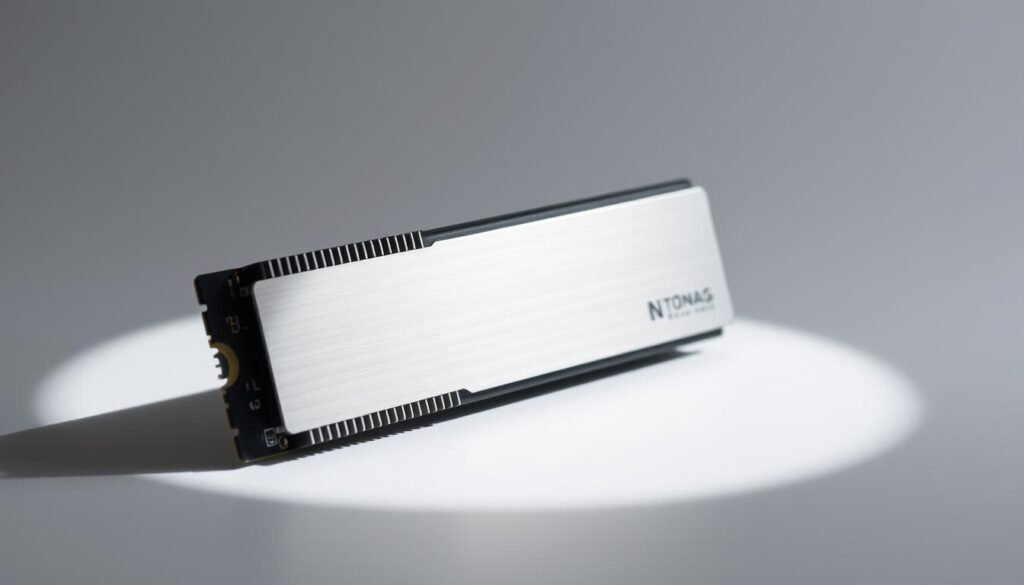 A high-performance NVMe SSD for immersive gaming, featuring a sleek silver heatsink and a smooth matte finish. Captured in a well-lit studio setting, the SSD is showcased against a minimalist background, casting a soft shadow that adds depth and dimensionality. The image highlights the drive's lightning-fast data transfer speeds and efficient cooling, emphasizing its suitability for seamless gameplay and rapid asset loading. The overall composition conveys a sense of power, reliability, and cutting-edge technology, perfectly complementing the "SSD vs HDD" section of the gaming PC build article.