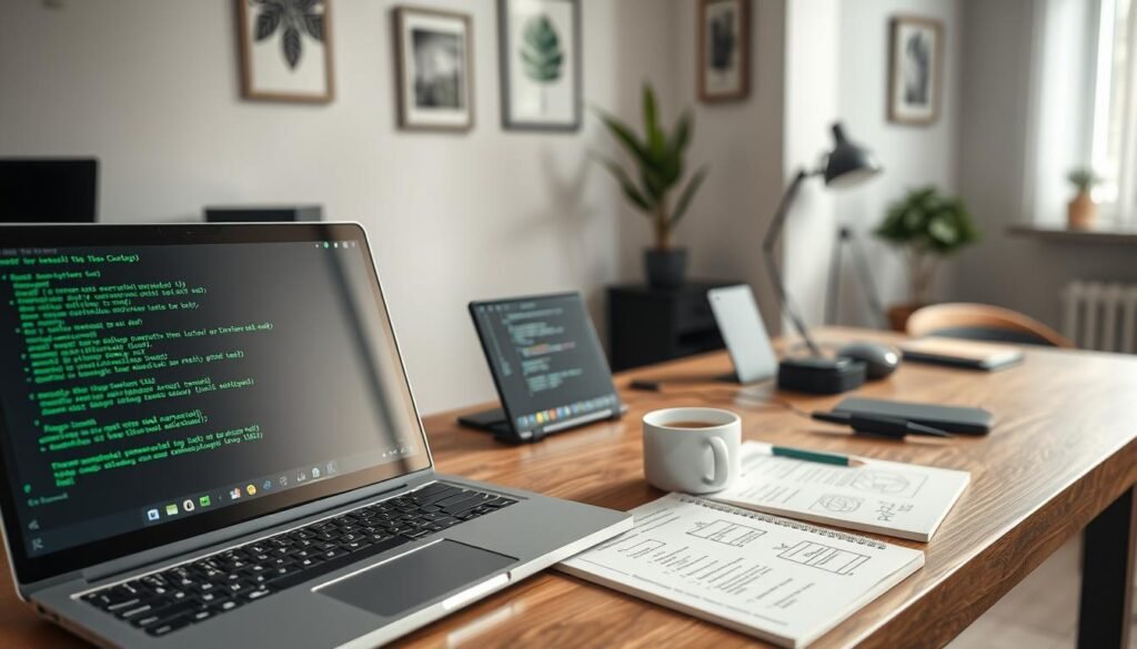 A modern Chromebook set on a sleek wooden desk, showcasing the preparation for installing .deb software. The foreground features an open terminal window on the Chromebook, displaying lines of code in a vibrant green font. Nearby, a digital note pad with written instructions and diagrams outlines the installation steps. In the middle ground, an organized workspace includes a cup of coffee, a stylish laptop stand, and a few tech gadgets, all bathed in soft, natural light coming from a window to the right. The background displays a minimalistic home office setup with an indoor plant and wall art. The overall atmosphere is focused and inspiring, reflecting a productive preparedness for software installation. A modern Chromebook set on a sleek wooden desk, showcasing the preparation for installing .deb software. The foreground features an open terminal window on the Chromebook, displaying lines of code in a vibrant green font. Nearby, a digital note pad with written instructions and diagrams outlines the installation steps. In the middle ground, an organized workspace includes a cup of coffee, a stylish laptop stand, and a few tech gadgets, all bathed in soft, natural light coming from a window to the right. The background displays a minimalistic home office setup with an indoor plant and wall art. The overall atmosphere is focused and inspiring, reflecting a productive preparedness for software installation.