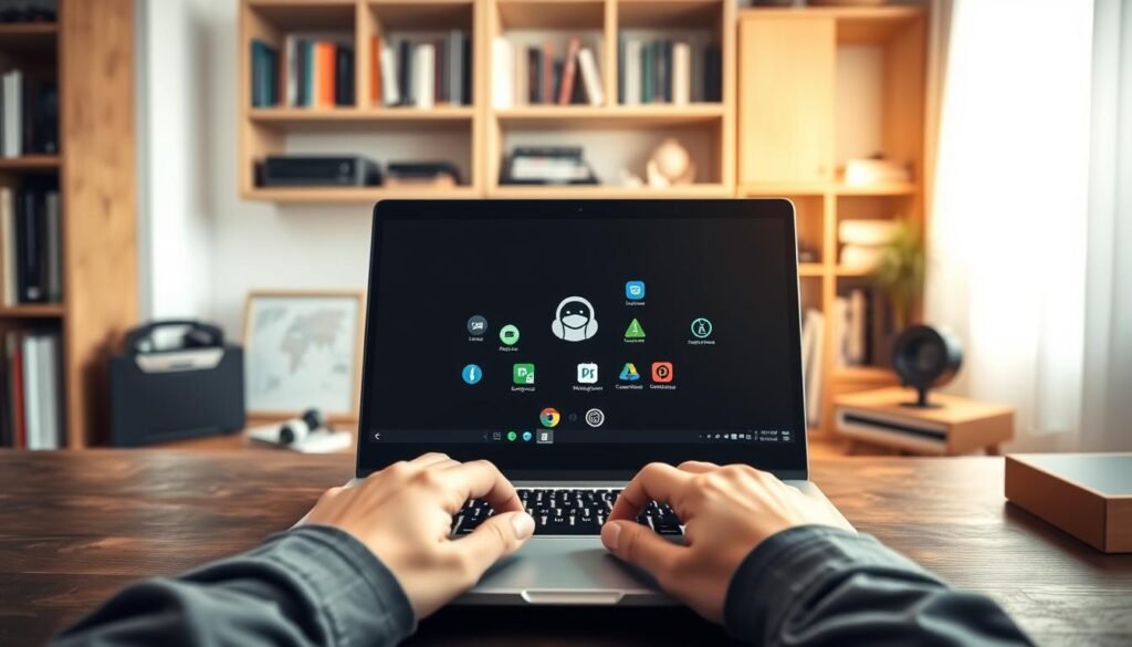 A modern Chromebook with a sleek design, prominently displaying the Linux terminal interface on its screen. In the foreground, a pair of hands, dressed in modest casual clothing, operate the laptop, symbolizing the user’s engagement with Linux. In the middle, icons representing .deb applications scattered around the screen, showcasing various software options available for installation. The background features a cozy workspace with soft, warm lighting that creates an inviting, productive atmosphere, with a bookshelf filled with tech-related books and gadgets. The angle is slightly top-down, emphasizing the laptop while keeping the environment in focus, evoking a sense of exploration and learning about alternative methods to install applications on a Chromebook. A modern Chromebook with a sleek design, prominently displaying the Linux terminal interface on its screen. In the foreground, a pair of hands, dressed in modest casual clothing, operate the laptop, symbolizing the user’s engagement with Linux. In the middle, icons representing .deb applications scattered around the screen, showcasing various software options available for installation. The background features a cozy workspace with soft, warm lighting that creates an inviting, productive atmosphere, with a bookshelf filled with tech-related books and gadgets. The angle is slightly top-down, emphasizing the laptop while keeping the environment in focus, evoking a sense of exploration and learning about alternative methods to install applications on a Chromebook.