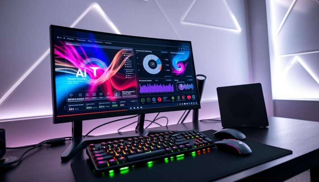 A modern desktop setup showcasing cutting-edge technology features, designed for optimal performance and automation. In the foreground, a sleek, high-resolution monitor displays advanced graphics from an AI overclocking software interface, showcasing vibrant colors and detailed metrics. The middle layer includes a stylish keyboard and mouse, with soft, ambient LED lighting creating a tech-savvy atmosphere. The background features a minimalistic workspace with geometric patterns and clean lines, emphasizing a sense of innovation. Soft diffused lighting illuminates the scene, creating a professional yet inviting mood, while the camera angle captures the entire setup in a slightly angled view, enhancing depth and interest. A modern desktop setup showcasing cutting-edge technology features, designed for optimal performance and automation. In the foreground, a sleek, high-resolution monitor displays advanced graphics from an AI overclocking software interface, showcasing vibrant colors and detailed metrics. The middle layer includes a stylish keyboard and mouse, with soft, ambient LED lighting creating a tech-savvy atmosphere. The background features a minimalistic workspace with geometric patterns and clean lines, emphasizing a sense of innovation. Soft diffused lighting illuminates the scene, creating a professional yet inviting mood, while the camera angle captures the entire setup in a slightly angled view, enhancing depth and interest.
