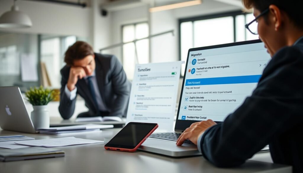 A modern office environment showcasing the email migration process to Mozilla Thunderbird. In the foreground, a laptop screen displaying the Thunderbird interface with open email accounts and folders, clearly depicting emails being transferred. To the side, a professional individual, dressed in business casual attire, is focused on the laptop, thoughtfully reviewing the migration steps. In the middle, a smartphone rests beside the laptop, linking to an email account for seamless access. The background features a clean workspace with papers, a potted plant, and soft natural lighting streaming through a window, creating a calm and organized atmosphere. The overall mood is focused and efficient, conveying the essence of a successful email migration journey.