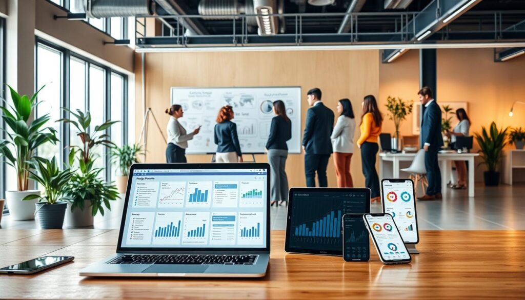 A modern office scenario featuring various software applications relevant to business operations. In the foreground, depict a sleek laptop displaying an intuitive project management interface, surrounded by digital devices like tablets and smartphones showing graphs and analytics. In the middle ground, illustrate a diverse group of professionals in business attire collaborating around a whiteboard filled with flowcharts and software tools. In the background, show a bright, open workspace with large windows letting in natural light, plants for a fresh feel, and modern office furniture. The atmosphere should convey productivity and innovation, with a warm and inviting color palette. Use a wide-angle lens to capture the dynamism of the environment while focusing on the interactions and technology present.