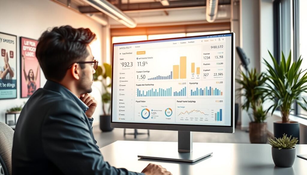 A modern office setting showcasing a highly efficient HRIS payroll software interface on a sleek computer screen. In the foreground, a professional in business attire is focused on the screen, analyzing payroll data with graphs and employee statistics. The middle background features a stylishly designed office environment with motivational posters on the walls, lively plants, and a window showcasing a city skyline bathed in soft, natural light. The atmosphere is vibrant and productive, evoking a sense of innovation and professionalism. The lighting is bright yet warm, giving a sense of an inviting work environment. Capture this scene from a slight angle to emphasize both the screen and the professional deep in thought, ensuring clarity and detail in the software display.