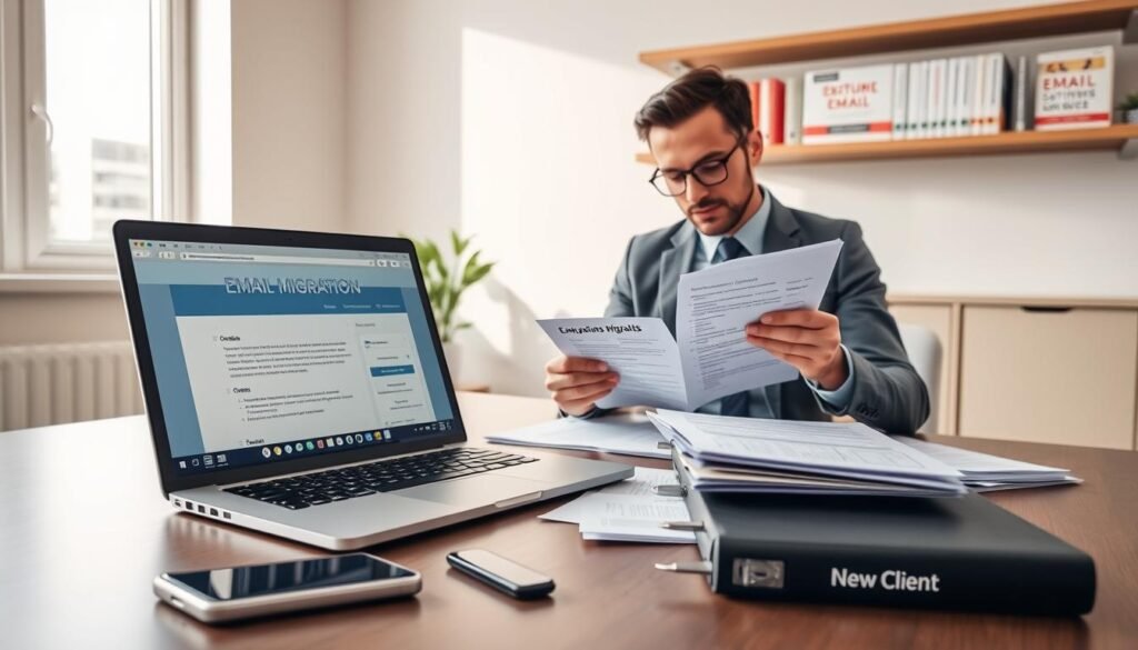 A modern office setting with a sleek desk showcasing an open laptop displaying email migration software interface. In the foreground, a professional in business attire reviews printed migration checklists and notes, with a focused expression. The middle ground features a clutter-free workspace adorned with essential tools for email migration: a smartphone, external hard drive for backups, and folders labeled 'Old Emails' and 'New Client'. Bright, natural light streams through a window, creating a warm and inviting atmosphere. In the background, shelves lined with technical books on email management and productivity tips enhance the scene's context. Capture the preparatory mood, emphasizing organization and professionalism, to convey the importance of careful planning in email migration.