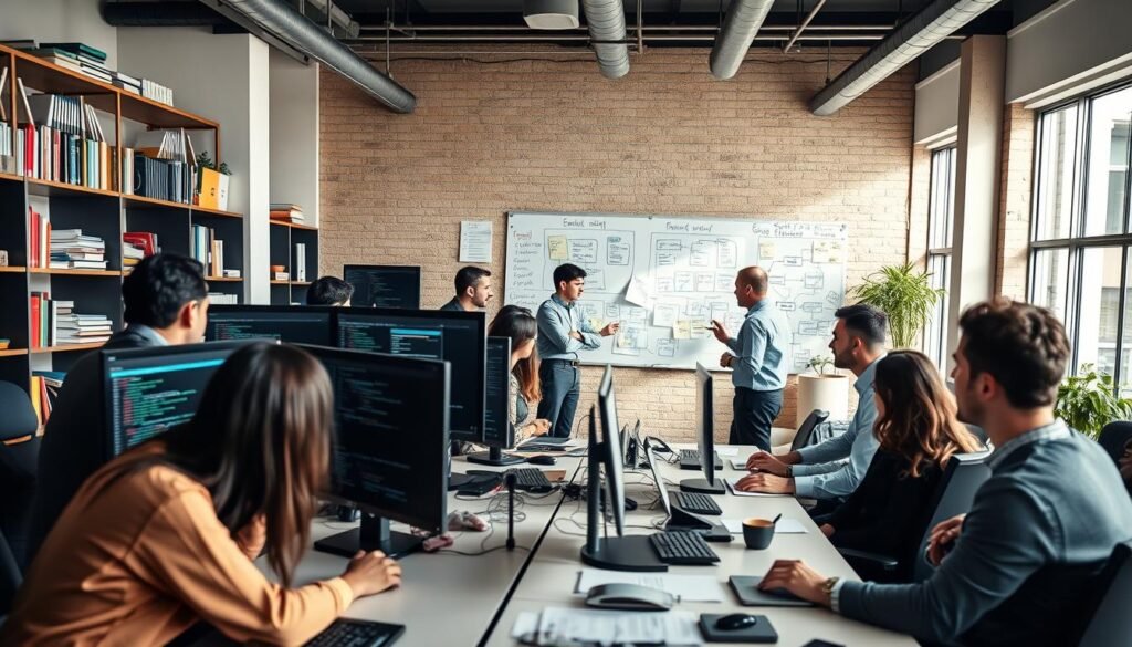 A modern office space bustling with activity, showcasing the software development process. In the foreground, a diverse group of professionals, dressed in smart business attire, collaboratively discussing code on dual monitors, with colorful charts and diagrams visible. In the middle, a large whiteboard filled with notes, flowcharts, and sticky notes, illustrating the software development lifecycle. The background features shelves filled with tech books and gadgets, bathed in natural light from large windows, creating an inspiring atmosphere. The camera angle captures a dynamic perspective, highlighting teamwork and creativity, while maintaining a focused and productive ambiance. The mood is energetic yet organized, reflecting the excitement of building software from scratch.