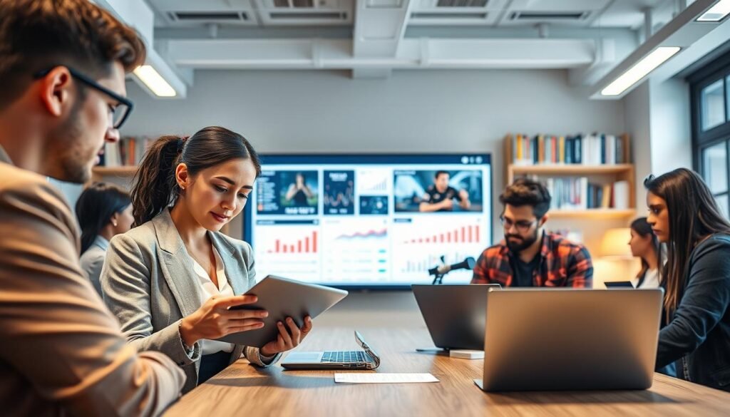 A modern office space featuring a diverse group of young professionals engaged in data analysis for talent scouting. In the foreground, a focused woman in professional attire examines charts on a digital tablet, while a man beside her reviews player statistics on a laptop. In the middle ground, a large screen displays visual data analytics related to e-sports talent, showcasing graphs and player performance metrics. The background features shelves filled with books on data science and e-sports strategy, and ambient lighting from ceiling fixtures creates a bright, professional atmosphere. Use a wide-angle lens to capture all the elements, with a focus on expressions of concentration and teamwork. The mood should convey innovation and collaboration in the field of data science applied to scouting young talent.