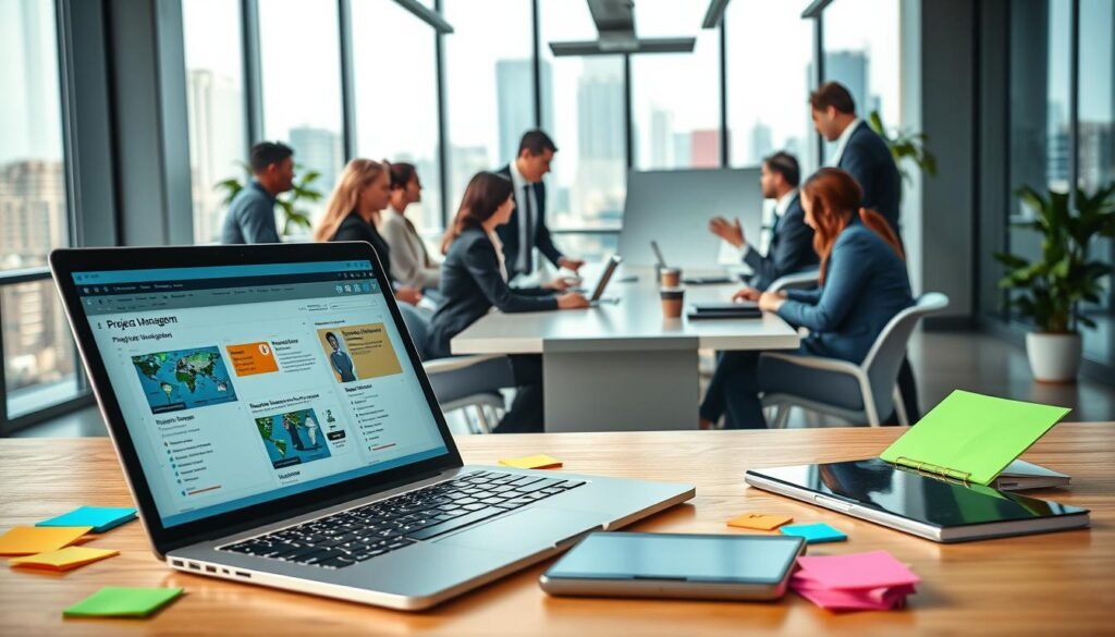 A modern office workspace bustling with productivity tools. In the foreground, a sleek laptop is open with project management software displayed on the screen, while colorful sticky notes and a high-tech tablet are scattered around. In the middle ground, a diverse group of professionals in smart business attire collaborates around a large conference table, discussing ideas and brainstorming with a digital whiteboard behind them. The background features large windows letting in bright natural light, connecting to a cityscape outside. The atmosphere is energetic and dynamic, conveying a sense of innovation and teamwork. The image has a bright, inviting color palette with a focus on clarity and detail, emphasizing the importance of productivity software in the workplace.