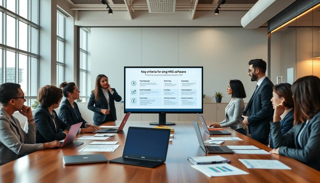 A modern office workspace featuring a large conference table surrounded by professionals engaged in discussion, all dressed in smart business attire. In the foreground, a diverse group of individuals, including a man and a woman, review a digital screen displaying key criteria for selecting HRIS software. The screen highlights features like payroll management and attendance tracking in an infographic style. The middle ground shows sleek laptops and HR management documents scattered across the table. In the background, floor-to-ceiling windows provide natural light, casting a warm glow throughout the space. The atmosphere conveys a sense of collaboration and professionalism, suitable for a discussion about the best HRIS software for 2024. The image is captured with a wide-angle lens to emphasize the office environment.