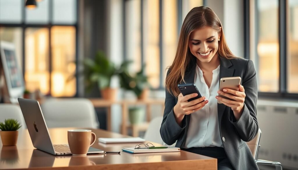 A modern office workspace showcasing the positive impact of Siri on productivity. In the foreground, a well-dressed professional woman is engaging with her iPhone, smiling as Siri displays helpful reminders and schedules. In the middle ground, a sleek desk features a laptop, notebook, and a coffee cup, symbolizing an organized and efficient work environment. The background reveals a bright, inviting office with large windows letting in natural light, creating a cheerful atmosphere. The scene is captured with a soft focus on the background, highlighting the woman and her interaction with Siri. The lighting is warm and inspiring, evoking a sense of motivation and productivity. A modern office workspace showcasing the positive impact of Siri on productivity. In the foreground, a well-dressed professional woman is engaging with her iPhone, smiling as Siri displays helpful reminders and schedules. In the middle ground, a sleek desk features a laptop, notebook, and a coffee cup, symbolizing an organized and efficient work environment. The background reveals a bright, inviting office with large windows letting in natural light, creating a cheerful atmosphere. The scene is captured with a soft focus on the background, highlighting the woman and her interaction with Siri. The lighting is warm and inspiring, evoking a sense of motivation and productivity.