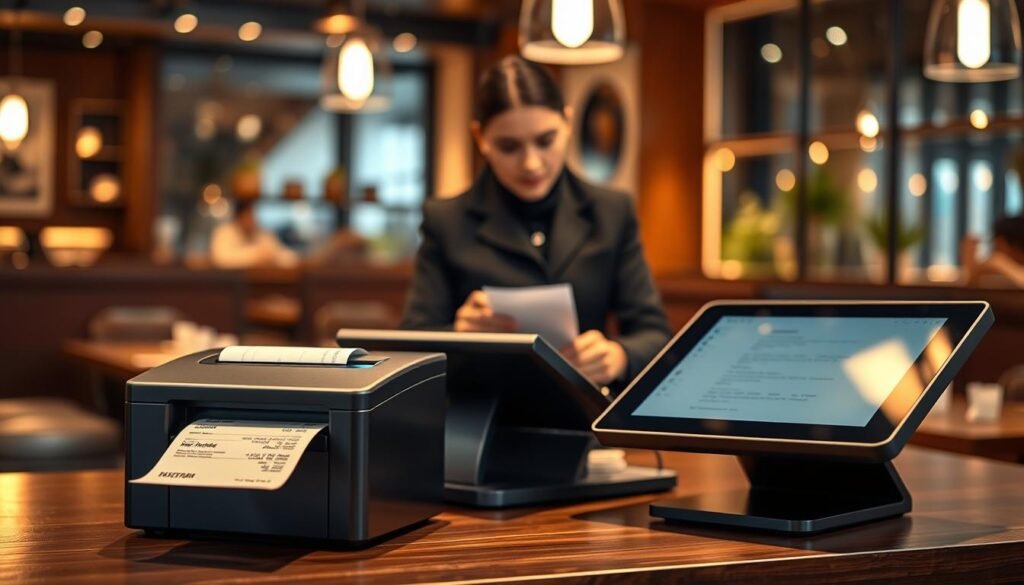 A modern point-of-sale (POS) system setup in a stylish restaurant environment, showcasing a sleek thermal printer next to a digital tablet or touchscreen register. In the foreground, the thermal printer is elegantly designed, displaying a receipt partially printed. The middle ground features a server in professional attire, attentively operating the POS system, capturing customer orders. The atmosphere is warm and inviting with soft ambient lighting, reflecting a bustling yet organized dining space. In the background, abstract elements of restaurant decor like wooden tables and softly glowing pendant lights enhance the ambiance. The image is taken from a slightly elevated angle that captures the interaction between the server and the POS system, highlighting the integration of modern technology in a practical restaurant setting.