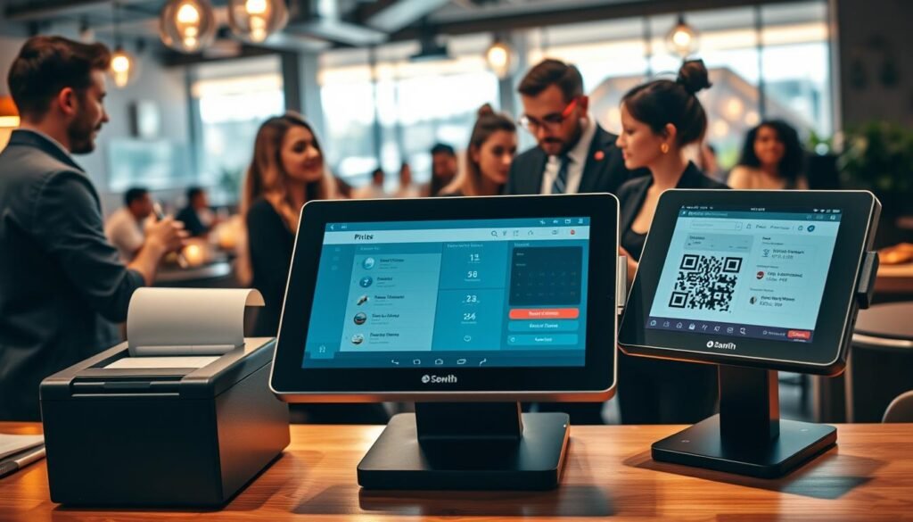 A modern restaurant POS system in action, set in a vibrant dining environment. In the foreground, a sleek touchscreen display shows an intuitive software interface, surrounded by a thermal printer on one side and a QR code scanner on the other. In the middle ground, a diverse group of professionals in business attire collaborates, discussing order management, with satisfied customers enjoying their meals in the background. Soft, warm lighting illuminates the scene, creating an inviting atmosphere. The angle captures the workspace's functionality and efficiency, emphasizing the ease of use of the free POS software for culinary businesses. The overall mood is professional yet welcoming, highlighting the benefits and advantages of digital solutions in the restaurant industry.
