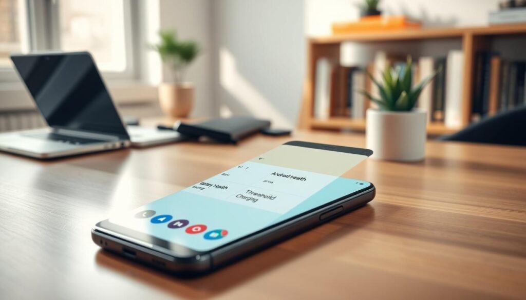 A modern smartphone displaying the Android 15 Beta interface on its screen, featuring the new Battery Health and Threshold Charging features prominently. In the foreground, the device is on a sleek wooden table, reflecting soft light from a nearby window, creating a warm atmosphere. In the middle ground, a subtle hint of a stylish desk setup with a laptop and a plant to convey a tech-savvy workspace. The background includes blurred shelves of technology-related books, enhancing the context of innovation. The lighting is soft and inviting, emphasizing a professional yet approachable mood. The angle is slightly elevated, giving a dynamic perspective to the smartphone while showcasing its screen clearly.