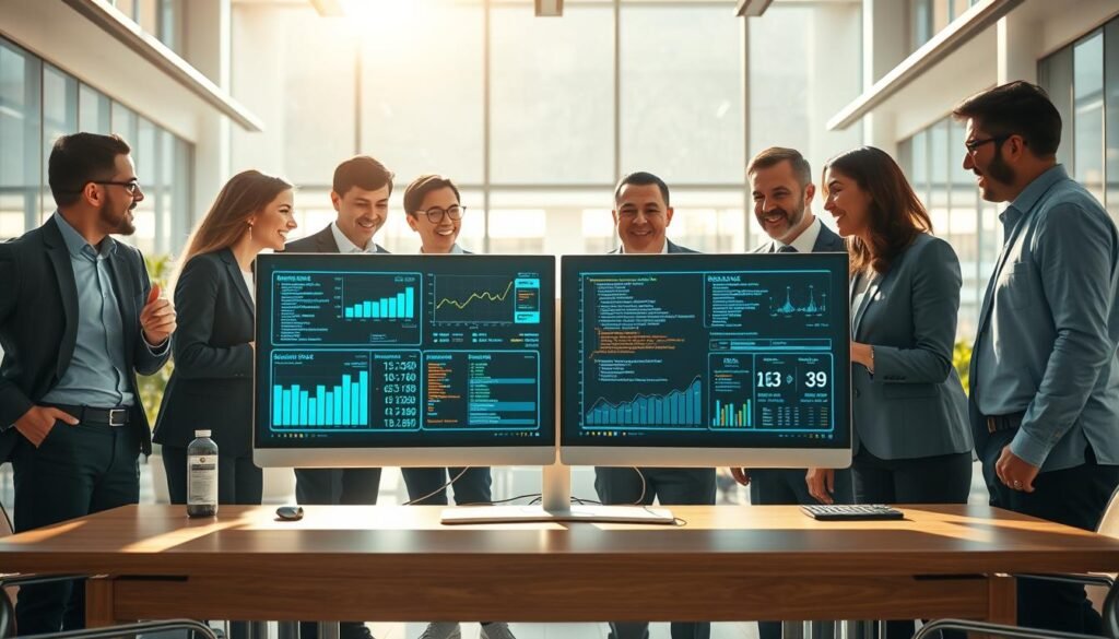 A modern, vibrant office workspace illustrating the concept of software functionality. In the foreground, a group of diverse professionals in business attire are engaged in animated discussions, examining a large digital interface displaying graphs, charts, and code. In the middle, an elegant computer setup with dual monitors showcases user-friendly software with glowing interfaces, suggesting advanced analytics and real-time collaboration. The background features a stylish, open-plan office with large windows allowing natural light to stream in, casting soft shadows and creating a warm, inviting atmosphere. The entire scene conveys innovation, professionalism, and the essential role of software in business growth. The image should be bright and clear, captured with a wide-angle lens to emphasize the collaborative environment. A modern, vibrant office workspace illustrating the concept of software functionality. In the foreground, a group of diverse professionals in business attire are engaged in animated discussions, examining a large digital interface displaying graphs, charts, and code. In the middle, an elegant computer setup with dual monitors showcases user-friendly software with glowing interfaces, suggesting advanced analytics and real-time collaboration. The background features a stylish, open-plan office with large windows allowing natural light to stream in, casting soft shadows and creating a warm, inviting atmosphere. The entire scene conveys innovation, professionalism, and the essential role of software in business growth. The image should be bright and clear, captured with a wide-angle lens to emphasize the collaborative environment.