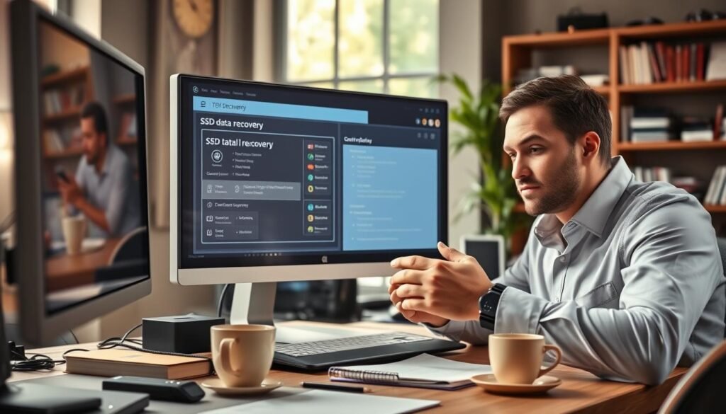 A modern workspace featuring a high-tech computer setup, showcasing a large monitor displaying a sleek software interface for SSD data recovery. In the foreground, a confident business professional in smart casual attire is intently analyzing recovery options, with a look of focus and determination. The middle ground reveals the desktop, cluttered with tech gadgets, a notepad, and a cup of coffee, emphasizing an active research environment. In the background, soft-focus shelves filled with tech books and gadgets add depth and context. Natural light filters in through a window, casting a warm, inviting glow over the scene. The overall mood is one of problem-solving and innovation, highlighting the importance of choosing the right SSD recovery software.
