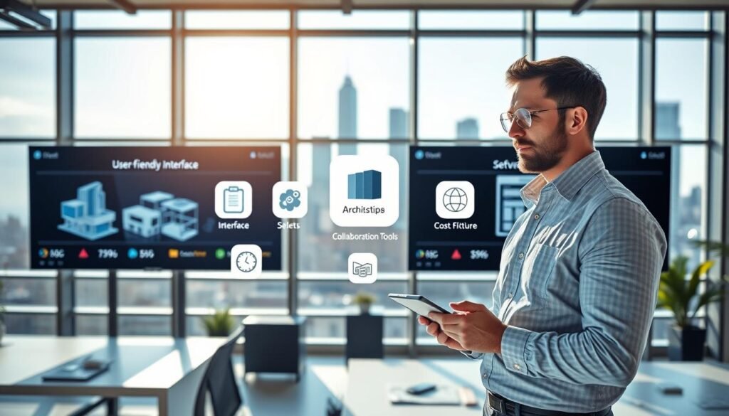 A modern workspace featuring a sleek, digital interface showcasing various BIM software options on large monitors. In the foreground, a professional architect, dressed in smart casual attire, reviews the software features on a tablet, with an engaged expression. The middle layer includes floating icons representing key criteria for selecting BIM software, like user-friendly interface, collaboration tools, and cost-effectiveness. In the background, a large window reveals a city skyline, with natural sunlight illuminating the room, creating a bright and inspiring atmosphere. The scene should convey a sense of innovation and professionalism, captured from a slightly elevated angle to showcase the workspace's dynamic environment.