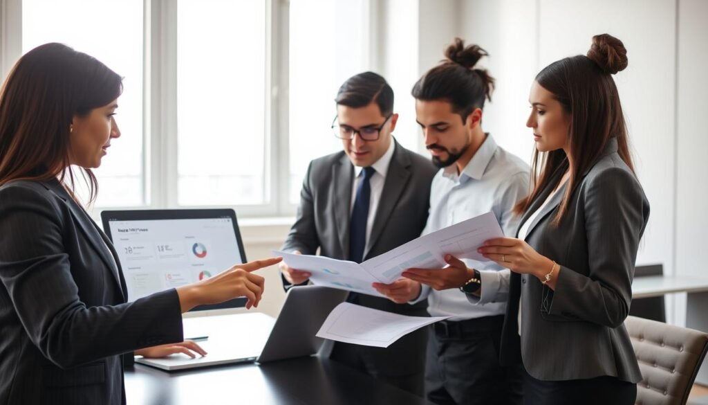 A professional and modern office setting as the backdrop, showcasing a diverse group of business professionals engaged in a collaborative discussion. In the foreground, a woman in formal business attire is pointing at a laptop displaying various software options, emphasizing the selection process. In the middle ground, a man and a woman are reviewing printed documents and charts, actively participating in the decision-making process. The lighting is bright and inviting, with soft shadows that highlight the team's focus and determination. A large window in the background lets in natural light, adding an uplifting atmosphere. The mood is serious yet optimistic, illustrating the importance of choosing the right software for operational efficiency. The composition should be clear, cohesive, and visually appealing, without any text or branding elements present.