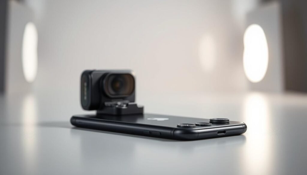 A professional-grade iPhone camera setup with high-quality ProRAW and ProRES capabilities. In the foreground, a modern iPhone, sleek and sophisticated, resting on a minimalist surface. The middle ground showcases a detailed view of the camera module, its lenses and sensors meticulously rendered. In the background, a blurred, ethereal backdrop suggests a studio-like environment, emphasizing the device's professional-level imaging performance. Soft, directional lighting accentuates the textures and highlights the technical prowess of this mobile photography solution, perfect for the discerning photographer.