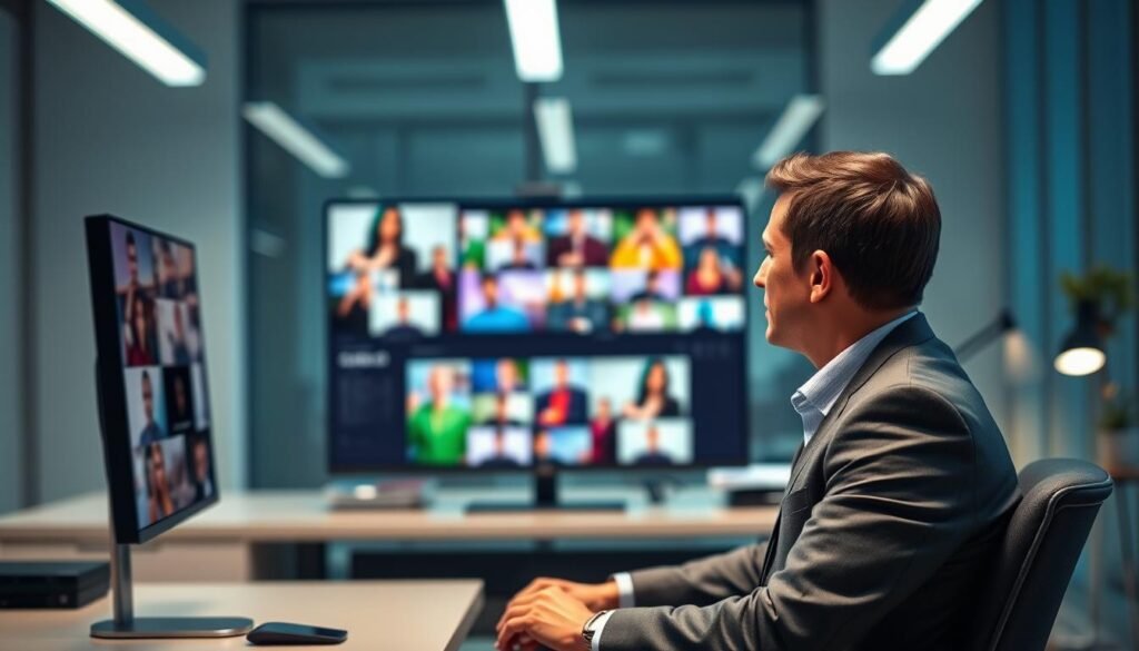 A professional office environment with a clean, modern aesthetic in the background, featuring a sleek desk setup with a high-resolution monitor displaying a blurred video background interface. In the foreground, a well-dressed individual, either male or female, is seated in a professional posture, attentively engaged with the software on the screen. Soft, diffused lighting enhances the ambiance, creating a focus on the monitor while subtly illuminating the figure. The angle is slightly tilted, capturing both the subject and the vibrant digital interface, which should feature a dynamic blur of colorful backgrounds for video calls. The overall mood is sophisticated and tech-savvy, illustrating the innovative features of XSplit VCam software for a professional setting.