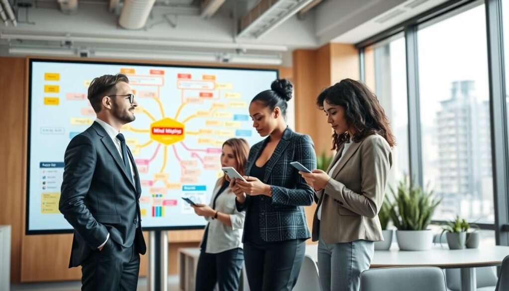 A professional office setting featuring a diverse group of individuals engaged in a collaborative mind mapping session using AI software. In the foreground, a man in formal business attire is standing beside a large digital screen displaying an interactive mind map with vibrant colors and branching ideas. The middle of the image shows a diverse team, including a woman in smart casual attire, taking notes and brainstorming with digital devices. The background features modern office decor with large windows allowing natural light to flood the room, creating a bright and inspiring atmosphere. The angle captures the intensity and focus of the group, highlighting the benefits of AI in boosting creativity and organization.