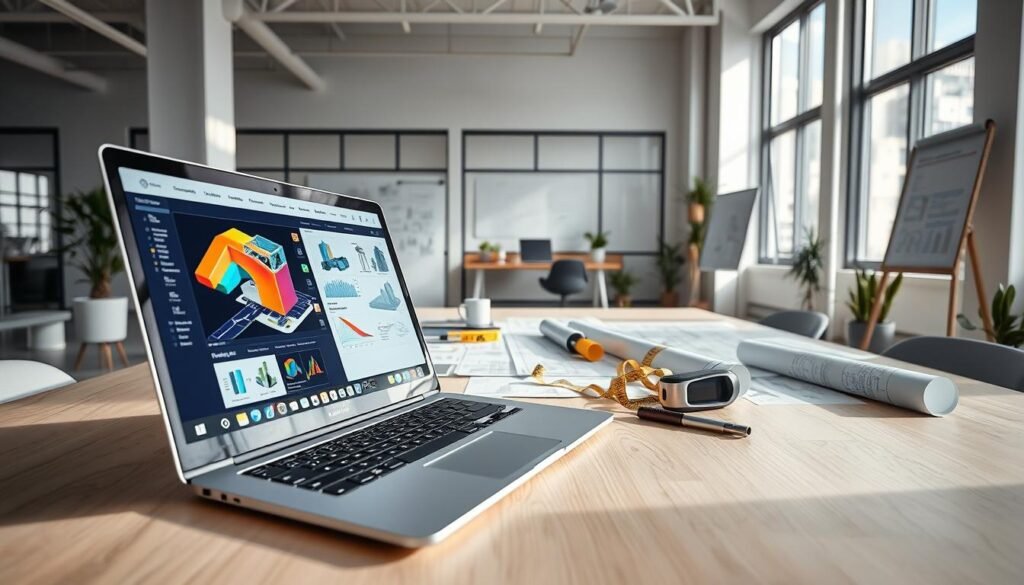A professional workspace showcasing a comparison of free BIM software features for architects, specifically targeting Indonesian users. In the foreground, display a sleek laptop opened to a vibrant interface displaying CAD software features, with colorful charts and 3D models. In the middle, a light wooden desk cluttered with architectural blueprints, a measuring tape, and a set of professional drafting tools. In the background, a contemporary office with large windows allowing natural light to illuminate the scene, casting soft shadows. Add elements like potted plants for a touch of greenery and a whiteboard filled with notes and sketches. The atmosphere should be one of productivity and innovation, emphasizing a modern architectural environment. Use a wide-angle lens effect to capture the depth of the workspace, while ensuring bright, clear lighting highlights the details.