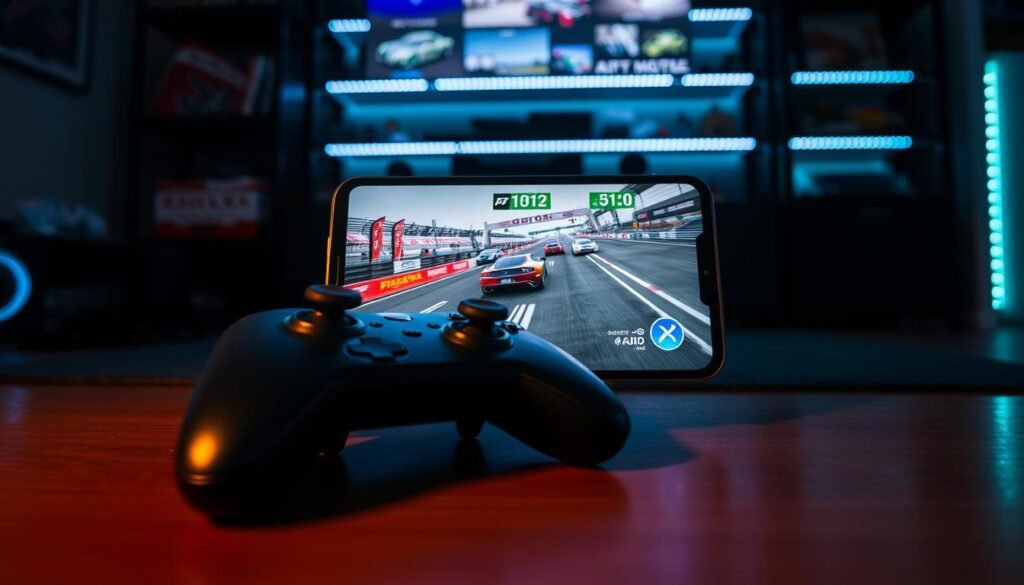 A scene depicting a sleek, modern gaming setup featuring the GRID Autosport game displayed on an iOS device, prominently showcasing controller support. In the foreground, a stylish controller compatible with Bluetooth sits next to the iPhone, illuminated by soft ambient lighting that highlights its sleek design. The middle layer captures the iPhone's vibrant screen, displaying an action-packed racing scene from GRID Autosport, with dynamic cars racing through an immersive environment. In the background, a cozy gaming room setting with a dark theme, featuring shelves adorned with racing memorabilia and a subtle glow from LED lights. The atmosphere is focused and energizing, conveying a sense of high-quality gaming experience, reminiscent of console-level performance. The composition is shot from a slightly elevated angle, enhancing the immersive feel.