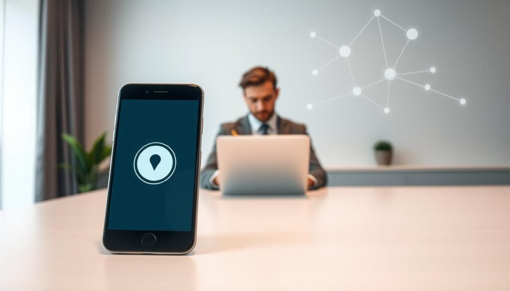 A serene office environment focusing on data privacy, with a sleek modern desk in the foreground holding a smartphone displaying the “Privacy Dot” feature. The middle section features a professional-looking individual in smart business attire, analyzing data on a laptop and taking notes. Soft, diffused lighting creates a calm atmosphere, emphasizing a sense of security and trust. In the background, a subtle representation of digital data flows, illustrated as abstract lines and dots to signify the collection of personal data, while keeping the overall feel clean and organized. The camera angle is slightly elevated, focusing on the smartphone and person, inviting the viewer into a world of responsible data management and privacy concerns.