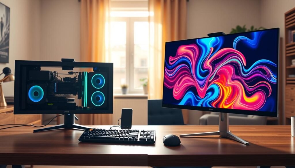 A side-by-side comparison of a traditional desktop computer and a modern all-in-one PC. In the foreground, showcase the desktop setup with a large monitor, full-sized keyboard, and a tower, all arranged on a sleek wooden desk. The desktop is adorned with colorful RGB lighting and peripherals. In contrast, the all-in-one PC is centrally positioned with a thin, minimalist design, displaying a vibrant, dynamic screen on a stylish stand. The background features a soft-focus home office setting, illuminated by warm, natural light streaming through a window. Use a slight angle to create depth and balance between the two setups, conveying a professional atmosphere. The overall mood should be dynamic and futuristic, capturing the essence of advanced multitasking technology for 2025.