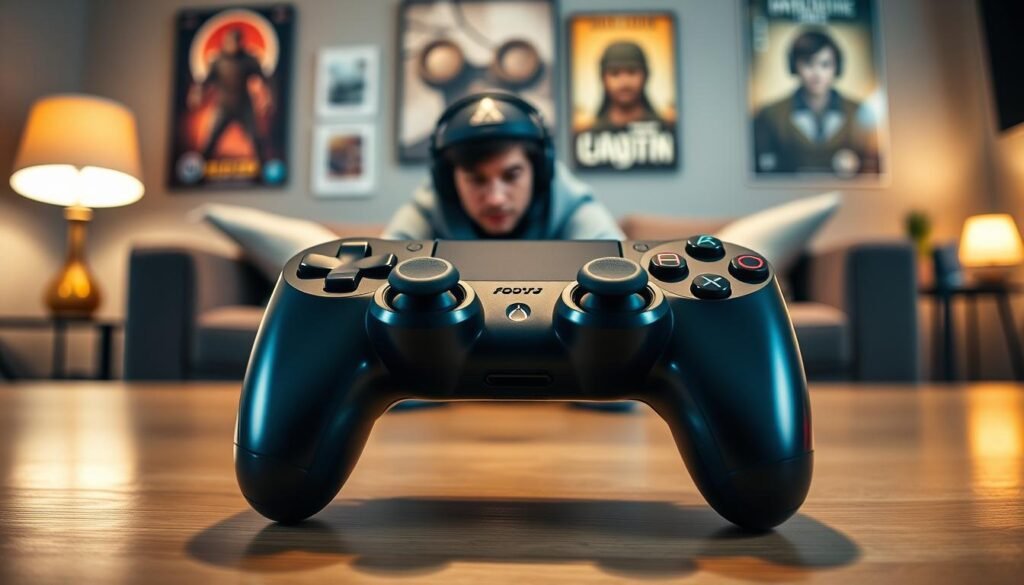A sleek Backbone controller positioned prominently in the foreground, showcasing its ergonomic design and vibrant buttons against a blurred iOS gaming interface on a smartphone. The controller's glossy finish reflects soft, warm lighting, creating an inviting atmosphere. In the middle ground, a cozy living room setting is visible, with a gamer in a casual hoodie, intensely focused on the screen while using the controller, further enhancing the gaming experience. The background features a tasteful arrangement of game-related paraphernalia, such as posters and a gaming headset, with a subtle depth of field to keep the focus on the controller. The overall mood is energetic yet laid-back, ideal for illustrating the optimization of mobile gaming with the Backbone controller on iOS.