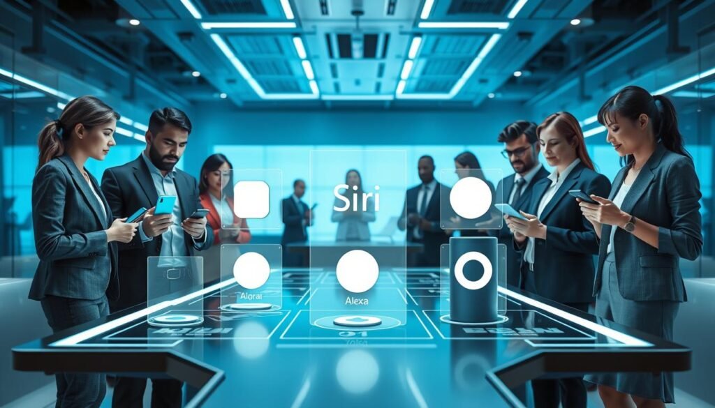 A sleek and modern comparison of Siri and other virtual assistants like Google Assistant and Alexa in a tech-themed setting. In the foreground, a diverse group of professionals in smart business attire stand around a futuristic table, engaging with their devices. One person is holding an iPhone displaying Siri, while others show their devices demonstrating competing virtual assistants. The middle ground features holographic displays of each assistant's logo and capabilities, glowing softly. The background is a high-tech office space with subtle blue and white lighting, reflecting a calm and innovative atmosphere. Use a wide-angle lens for depth, and ensure the lighting highlights the devices and the expressions of the professionals, capturing an atmosphere of curiosity and technological wonder. A sleek and modern comparison of Siri and other virtual assistants like Google Assistant and Alexa in a tech-themed setting. In the foreground, a diverse group of professionals in smart business attire stand around a futuristic table, engaging with their devices. One person is holding an iPhone displaying Siri, while others show their devices demonstrating competing virtual assistants. The middle ground features holographic displays of each assistant's logo and capabilities, glowing softly. The background is a high-tech office space with subtle blue and white lighting, reflecting a calm and innovative atmosphere. Use a wide-angle lens for depth, and ensure the lighting highlights the devices and the expressions of the professionals, capturing an atmosphere of curiosity and technological wonder.