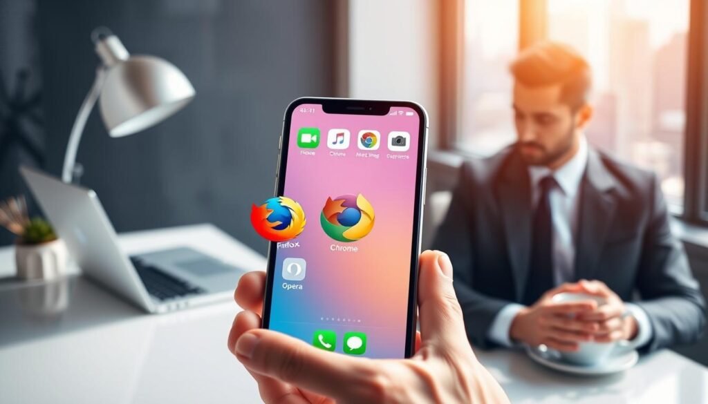 A sleek and modern depiction of alternative web browsers on an iOS device, prominently featuring icons of Chrome, Firefox, and Opera. In the foreground, a well-dressed individual is interacting with an iPhone, showcasing a vibrant, user-friendly interface with each browser's distinct design. The middle layer includes a stylish desk setup with a minimalist laptop and a cup of coffee, conveying a productive and tech-savvy environment. In the background, a softly blurred cityscape can be seen through a window, implying connectivity and innovation. The lighting is bright and inviting, creating a warm and professional atmosphere. The overall mood is empowering and contemporary, emphasizing the advantages of using alternative browsers on iOS.