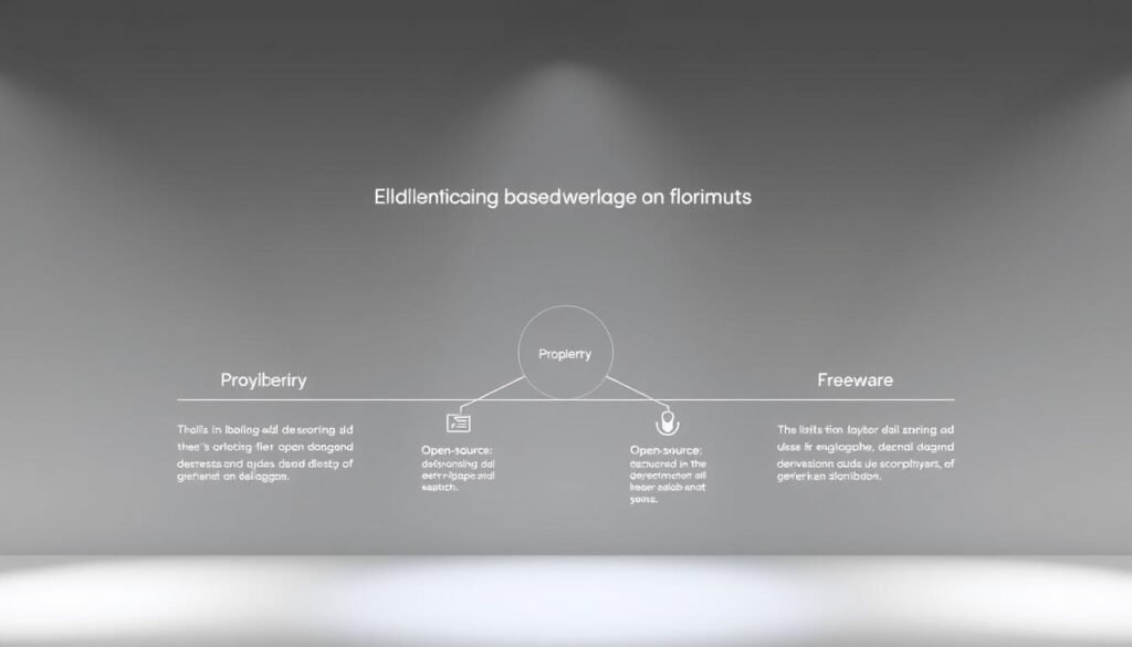 A sleek and modern infographic depicting the classification of software based on distribution. In the foreground, a central diagram showcases the main categories - proprietary, open-source, and freeware - with intuitive icons and concise labels. The middle ground features detailed descriptions of each software type, presented in a clean, minimalist style. The background is a soft, neutral gradient, allowing the information to take center stage. Lighting is subtle, creating depth and emphasizing the crisp, technical nature of the subject matter. The overall tone is professional, educational, and visually appealing, suitable for illustrating the "Klasifikasi dan Jenis-Jenis Software Berdasarkan Distribusi" section of the article.