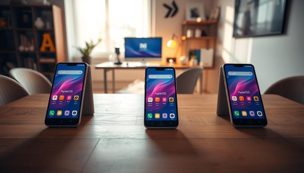 A sleek and modern representation of a lineup of Xiaomi smartphones arranged on a minimalist wooden table, showcasing their elegant designs. The foreground features the devices with vibrant displays lit up, displaying the HyperOS interface prominently. In the middle background, a stylish tech workspace is visible, decorated with subtle Xiaomi branding elements, like a logo or small accessories. Soft, natural lighting filters in from a nearby window, adding a warm glow to the scene. The angle of the shot is slightly elevated, creating depth and focus on the smartphones while maintaining an inviting, professional atmosphere. The overall mood is one of innovation and anticipation, reflecting the theme of technological advancement.