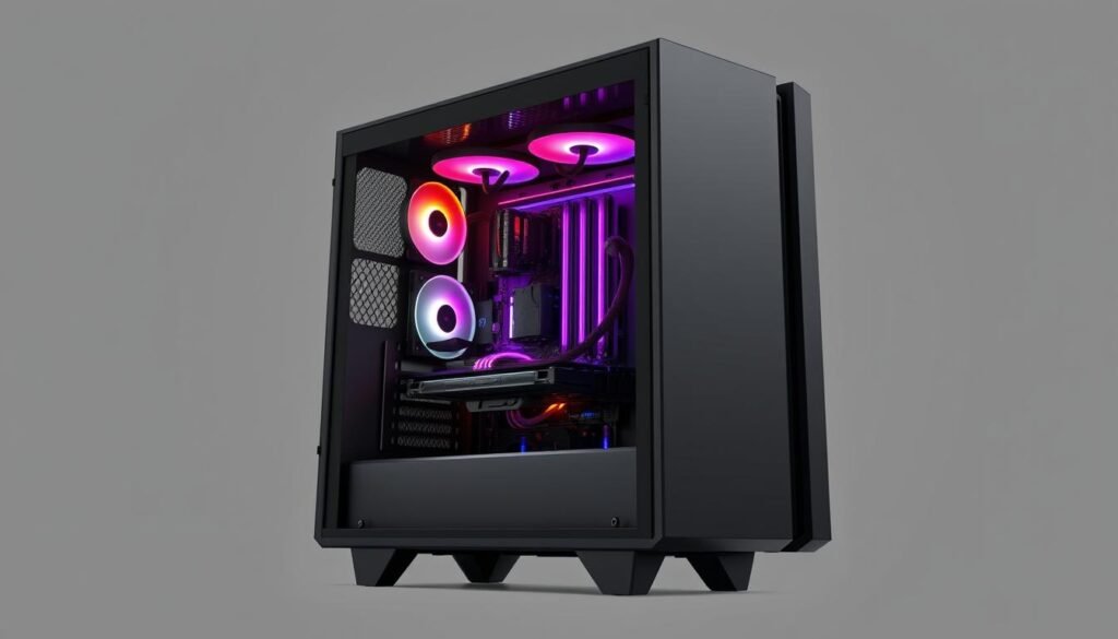 A sleek and sophisticated PC gaming case with optimal airflow. A modern, minimalist design in a matte black finish, featuring a tempered glass side panel to showcase the RGB-illuminated components within. Strategically placed intake and exhaust fans create a balanced, efficient cooling system. The case's clean, angular lines and sharp edges convey a sense of power and performance. Bright, diffused lighting from the fans and internal components casts a warm glow, highlighting the high-quality build and attention to detail. The case rests on a sturdy, elevated base, allowing for unobstructed airflow from the bottom. An image that captures the perfect balance of form and function, ideal for a high-performance gaming PC setup.
