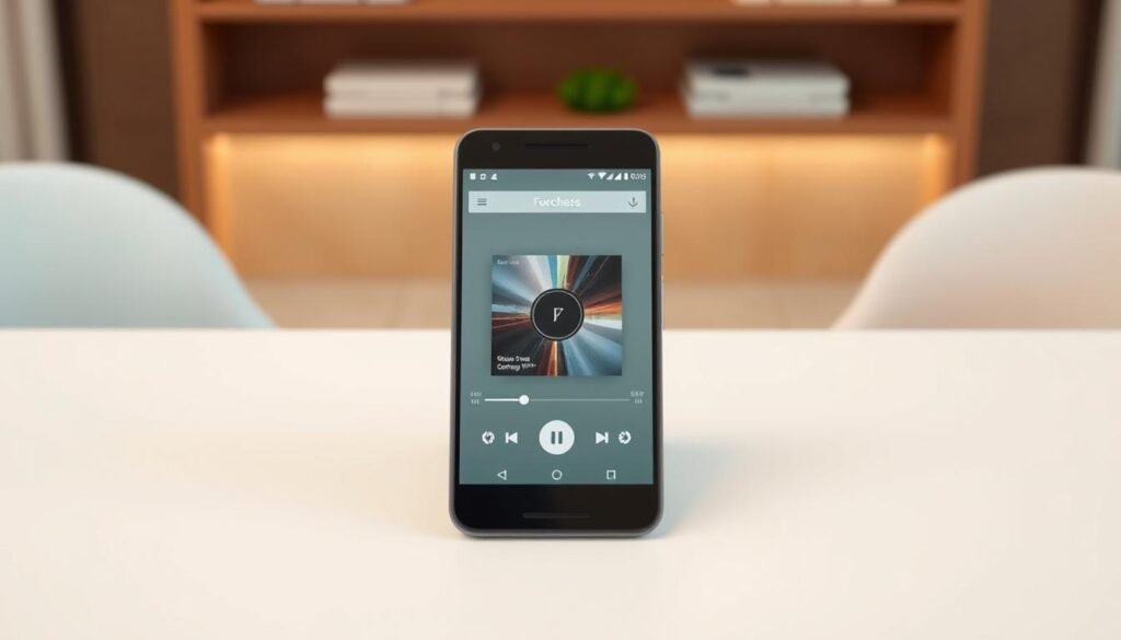 A sleek, minimalist Android music widget in a soft pastel color palette, placed prominently in the foreground. The widget features clean lines, simple circular buttons, and an elegant album art display, reflecting a modern aesthetic. Surrounding it, subtle hints of music notes or waveforms float delicately, enhancing the theme without overwhelming the design. In the middle ground, a smooth surface, such as a polished tabletop, is suggested to create a serene environment. The background is a softly blurred, stylish home screen with gentle lighting that gives a cozy, inviting atmosphere. The overall mood is calm and sophisticated, ideal for a minimalist theme, captured from a slight overhead angle to accentuate the widget’s design. A sleek, minimalist Android music widget in a soft pastel color palette, placed prominently in the foreground. The widget features clean lines, simple circular buttons, and an elegant album art display, reflecting a modern aesthetic. Surrounding it, subtle hints of music notes or waveforms float delicately, enhancing the theme without overwhelming the design. In the middle ground, a smooth surface, such as a polished tabletop, is suggested to create a serene environment. The background is a softly blurred, stylish home screen with gentle lighting that gives a cozy, inviting atmosphere. The overall mood is calm and sophisticated, ideal for a minimalist theme, captured from a slight overhead angle to accentuate the widget’s design.